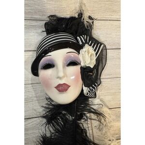 Vintage Clay Art Hand Painted Lady Wearing Hat Ceramic Porcelain Mask Feathers